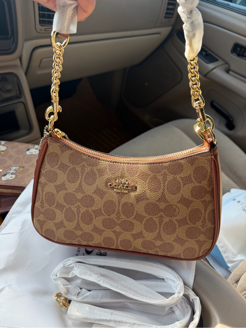 Coach Tan/Brown Signature Mini Shoulder Bag with Gold Chain